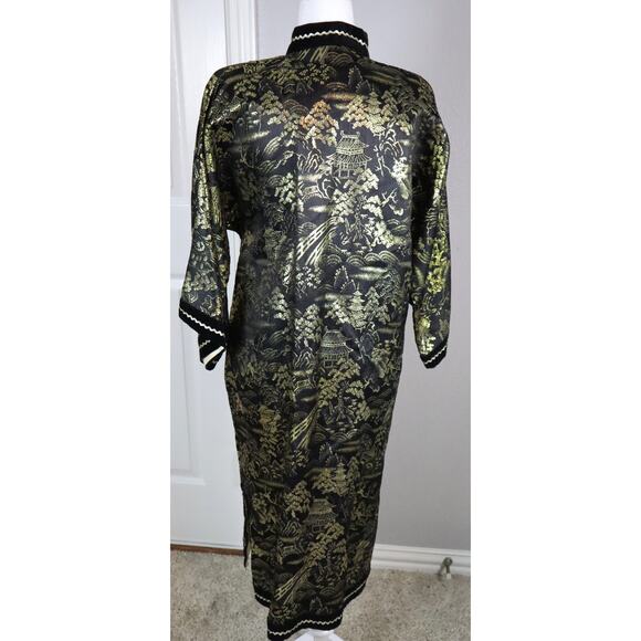 Vintage Gold and Black Japanese Kimono Jacket Metallic Velvet Mandarin Collar M - Picture 6 of 9